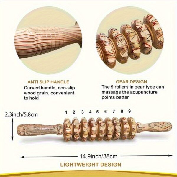 Wooden 9-Roller Massage Stick Handheld Body Massager for Muscle Relief & Relaxation